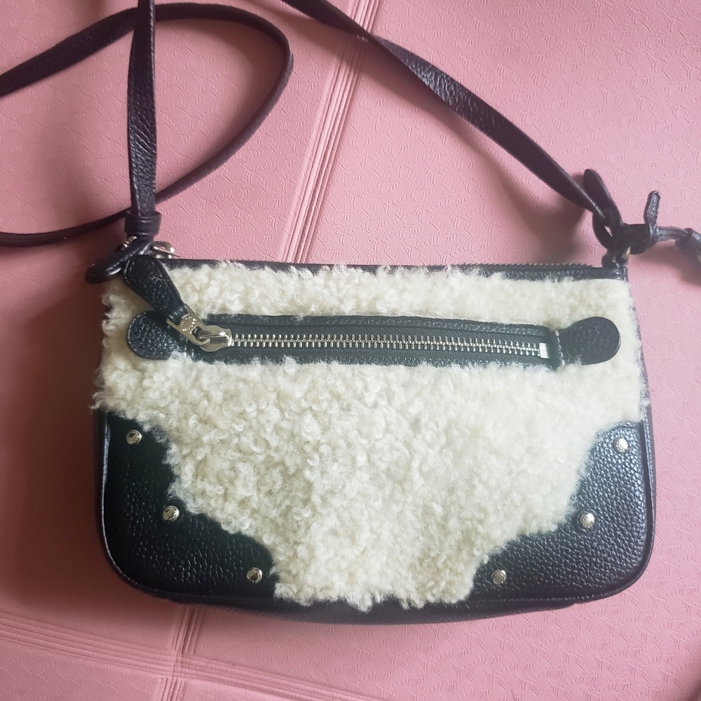 Coach Small Rhyder Pochette Shearling Crossbody Bag Wool Pebbled Leather - Picture 2 of 12